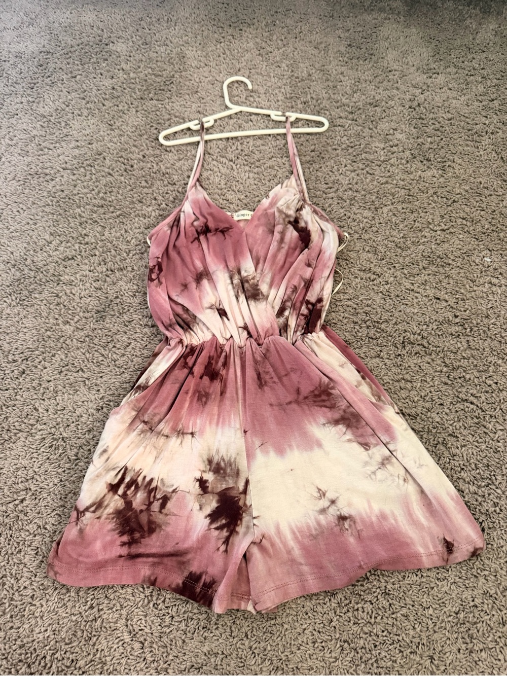 Ginger G Pink and White Tie-Dye Spaghetti Strap Romper, with pockets.